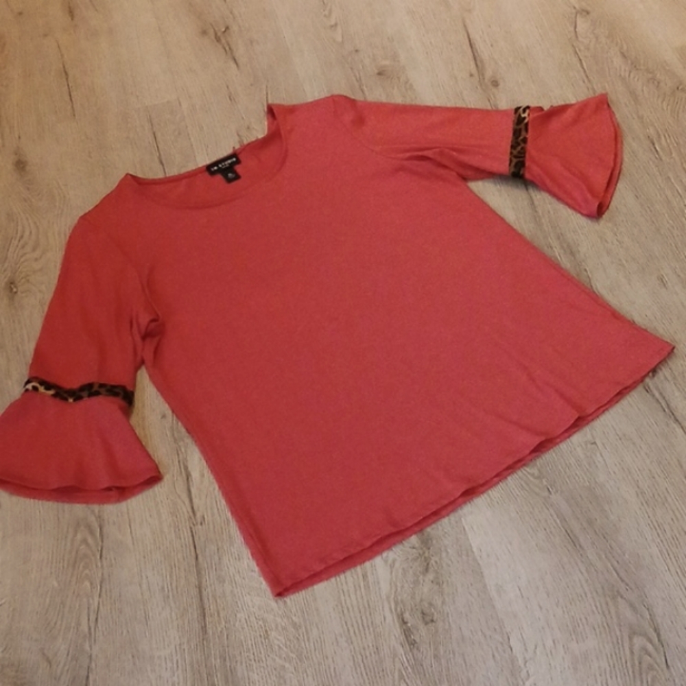 I.N. Studio PL Top with Bell Sleeve and Leopard Trim